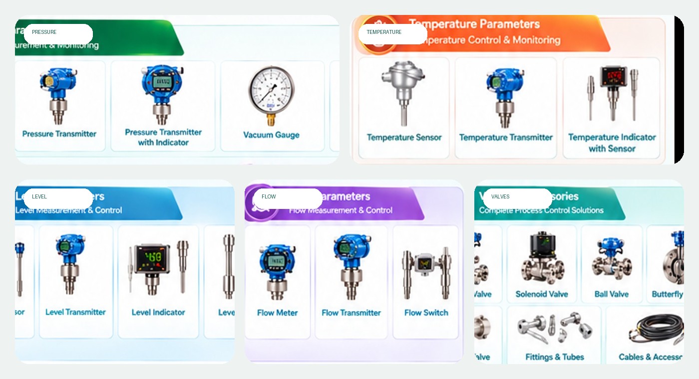 Industrial pressure, temperature, level, flow and valve instrumentation